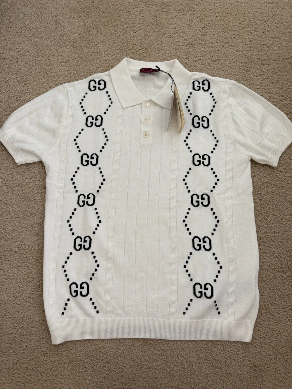 Gucci White GG Monogram Knit Polo Shirt Short Sleeve